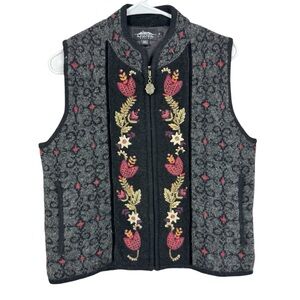 Icelandic Design floral embroidered wool blend zip-front vest S